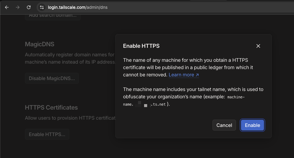 Tailscale UI that show how to enable HTTPS
