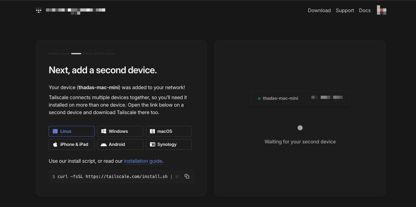 Tailscale setup screen showing Mac Mini as the first connected device and prompting to add a second device, such as Ubuntu Server.